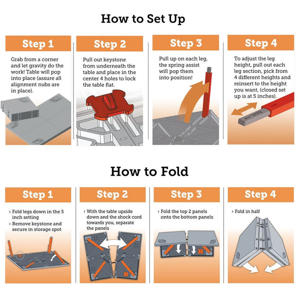 Step-by-step guide on how to set up and fold a table with illustrations and text.