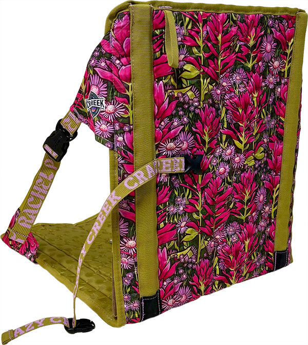 Rachel Pohl Wildflower patterned chair purple and green on white background showing back