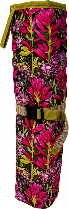 Rachel Pohl Wildflower patterned chair purple and green on white background rolled up