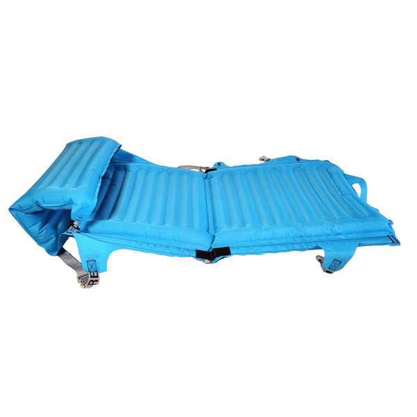 Blue inflatable chair with integrated pillow on a white background