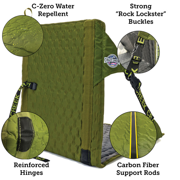 Olive hex Chair features - water repellent - stong buckles - Reinforced hinges - carbon fiber support rods