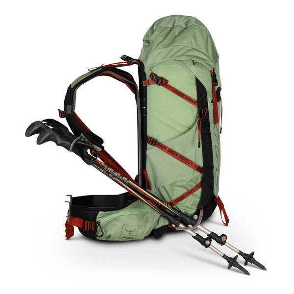 Osprey Backpack collab with hiking poles attached onto the side